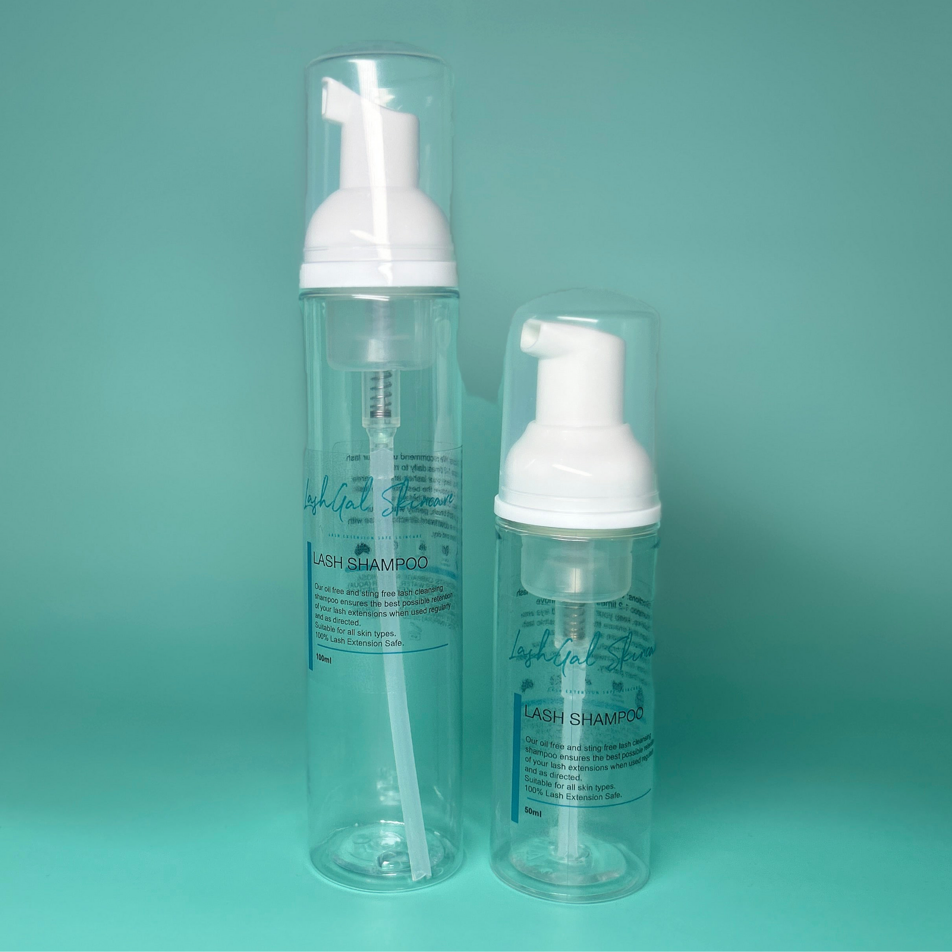 lashgal skincare Two clear bottles with white pump tops on a teal background