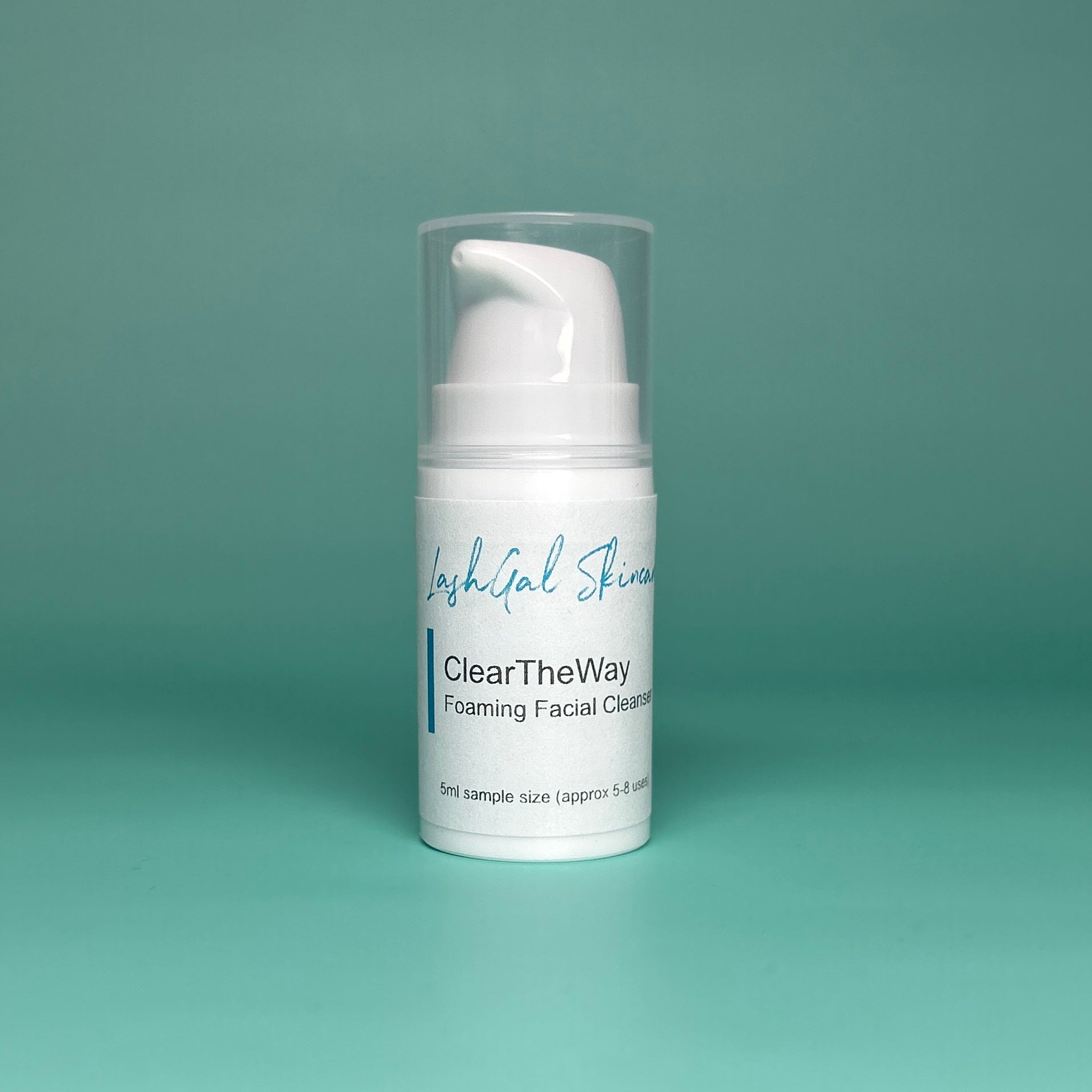 sample size Foaming facial cleanser bottle labeled 'ClearTheWay' on a teal background