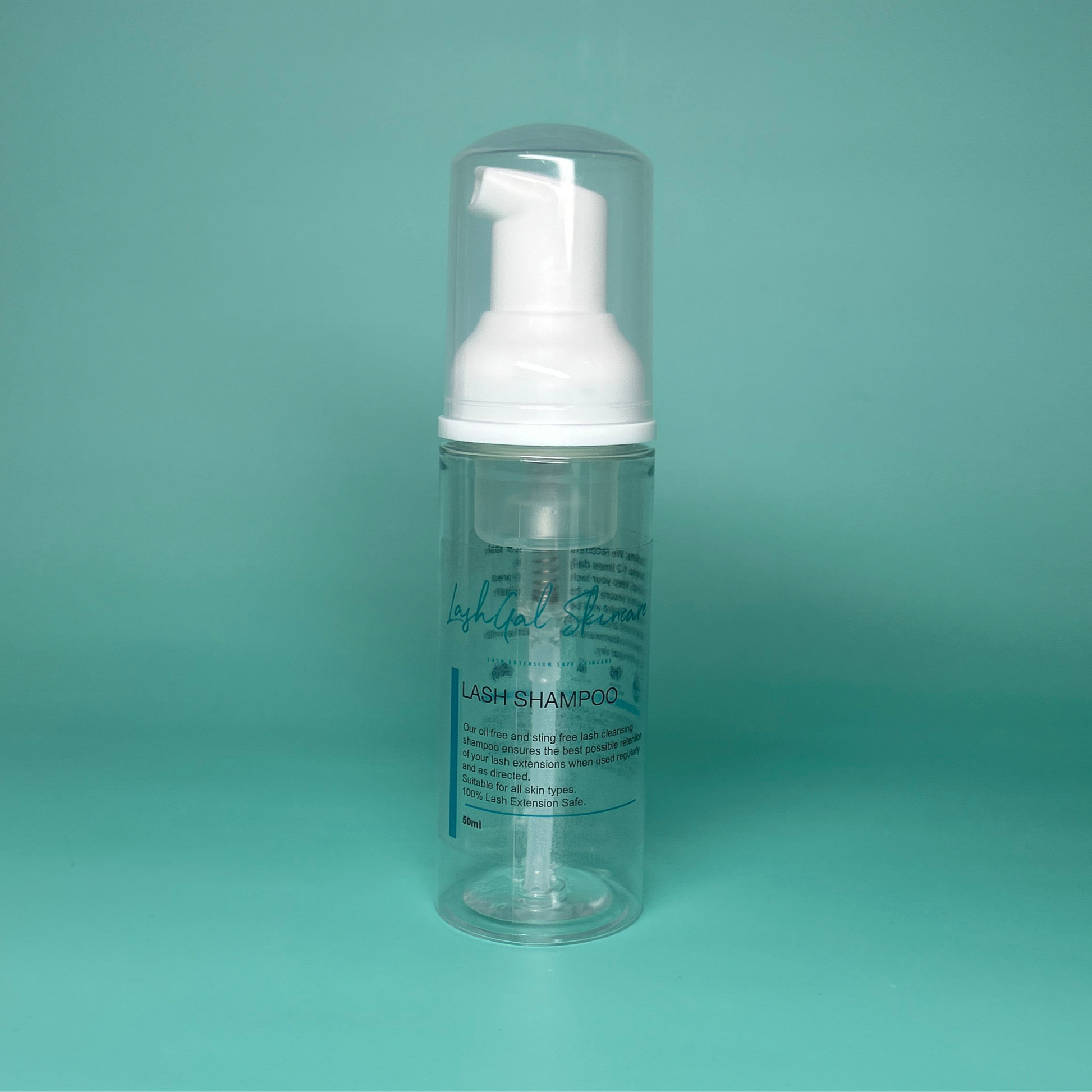 lashgal skincare Clear foam bottle with white pump on a teal background