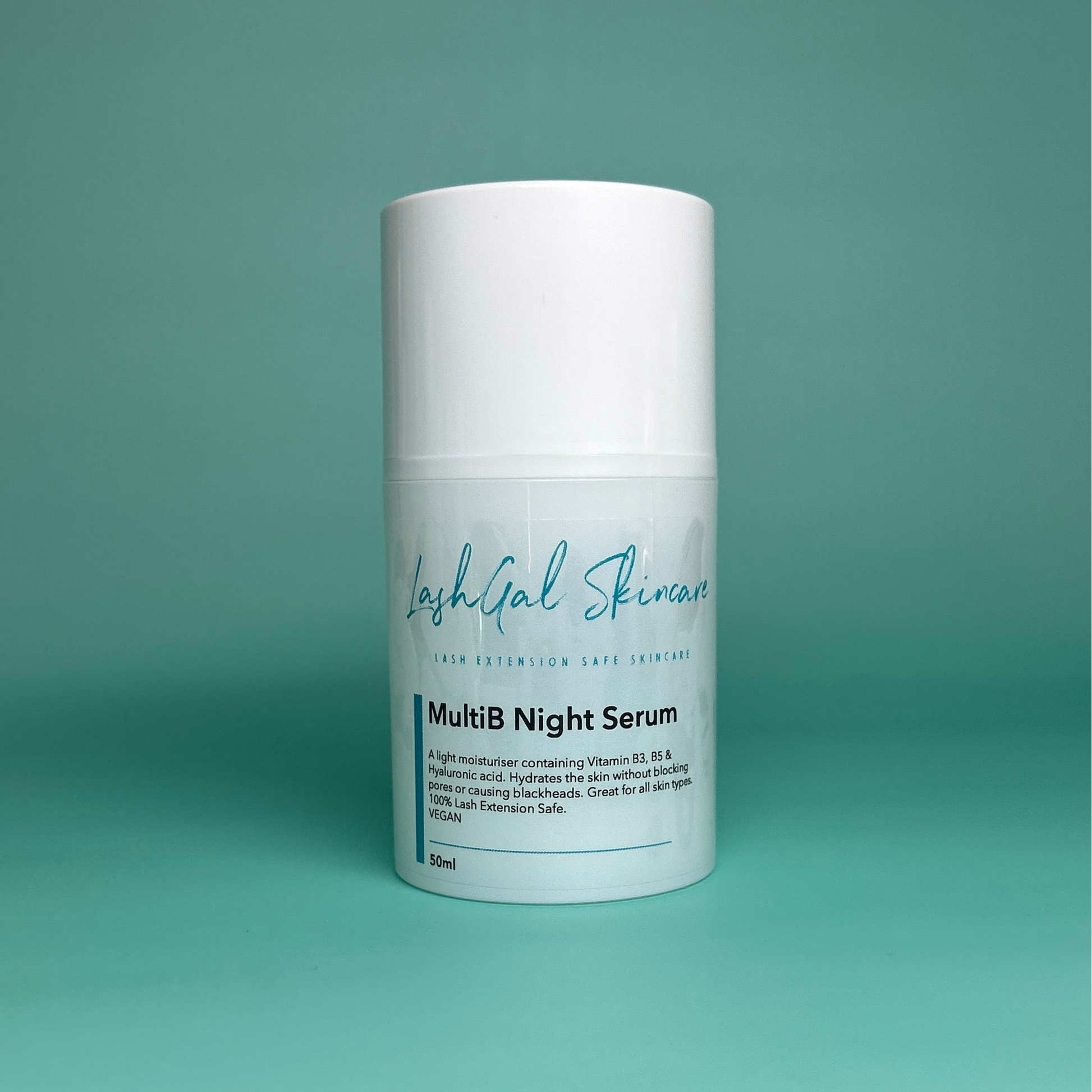 White skincare serum bottle labeled 'MultiB Night Serum' on a teal background
