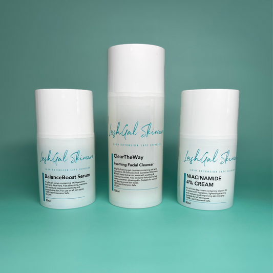 Three skincare products from Lashgal Skincare on a teal background