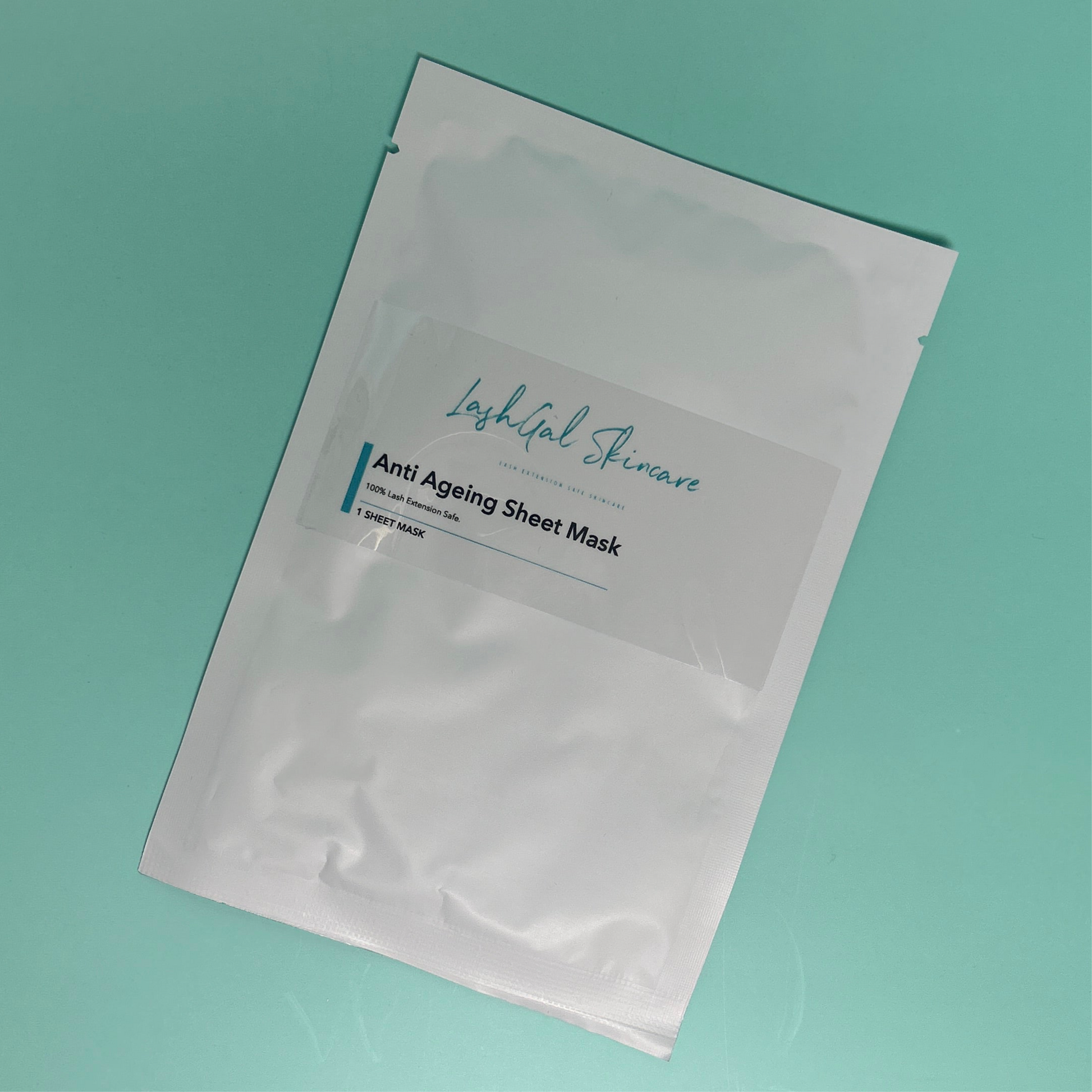 lashgal skincare Anti-aging sheet mask packaging on a teal background