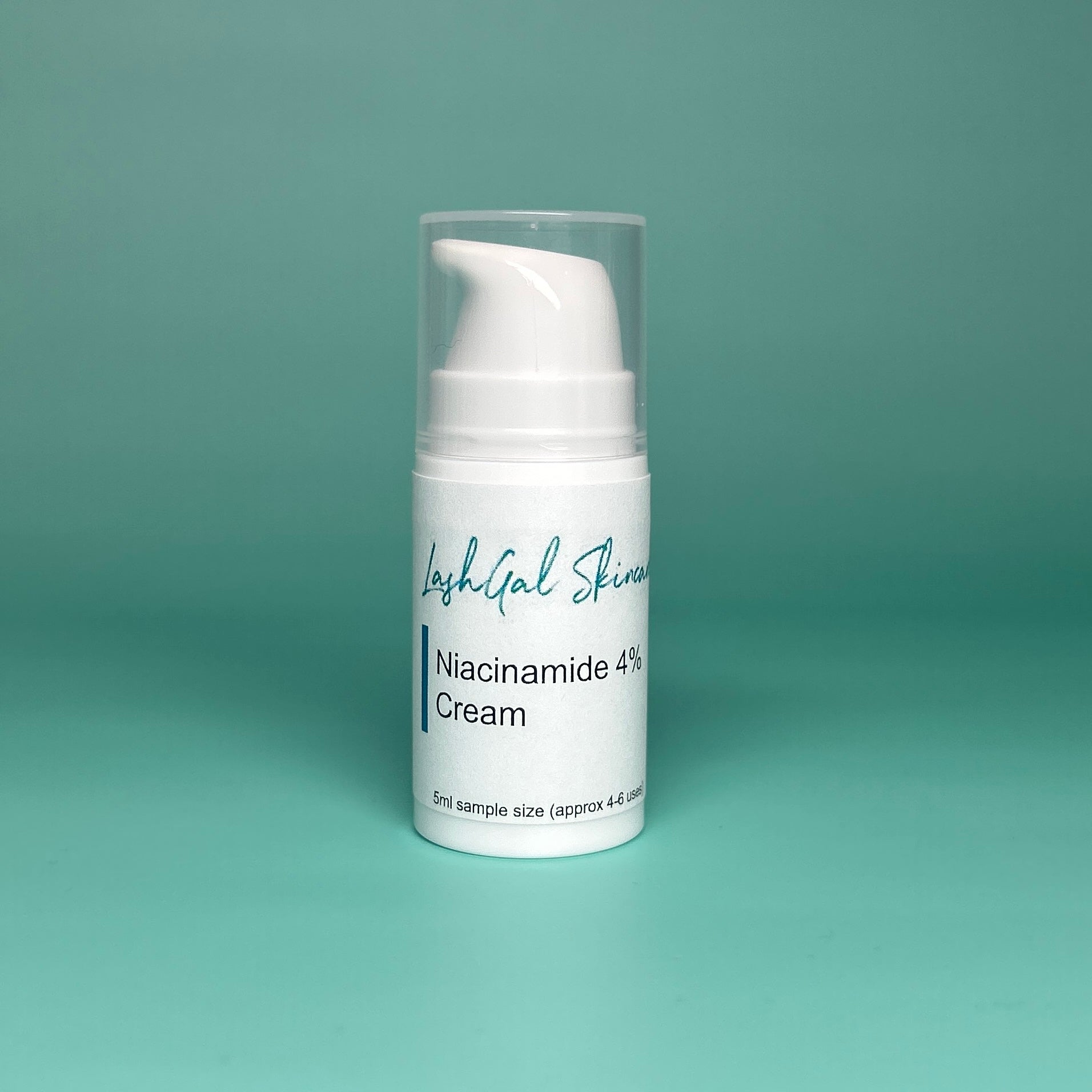 sample size Lash Gal Skincare Niacinamide 4% Cream bottle on a teal background