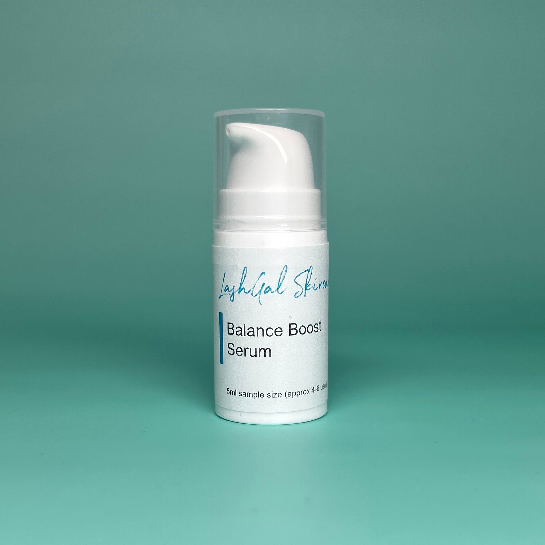 sample size Skincare serum bottle labeled 'Balance Boost Serum' on a teal background