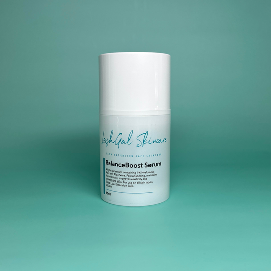 Skincare serum bottle labeled 'BalanceBoost Serum' on a teal background