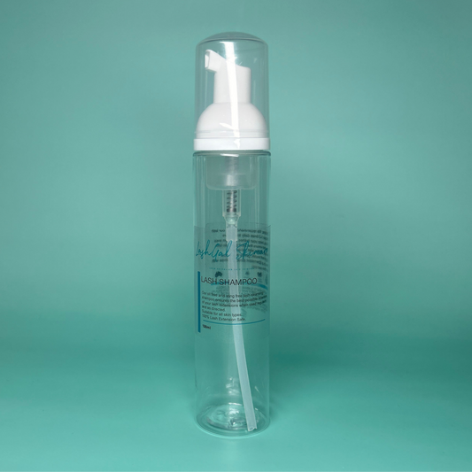 lashgal skincare Clear foam bottle with pump on a teal background