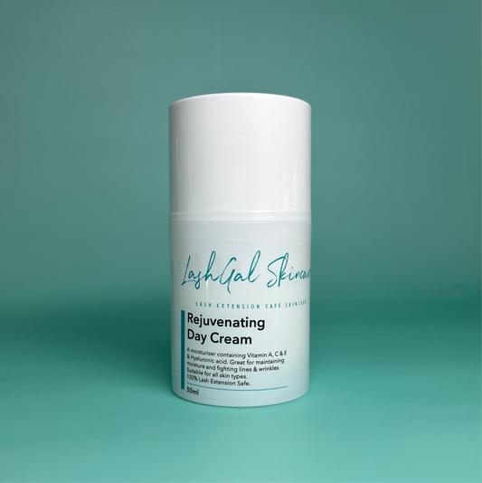 LashGal Skincare Rejuvenating Day Cream bottle on a teal background
