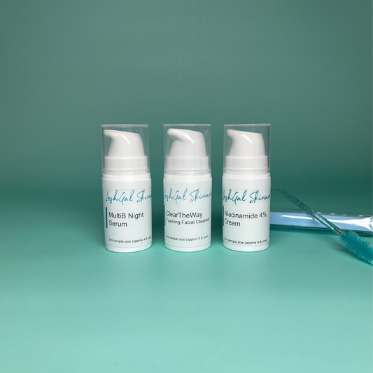 Three mini skincare products from lashgal skincare on a teal background