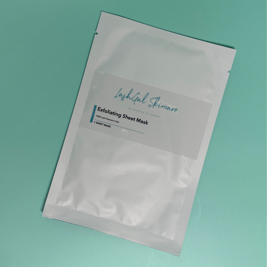 lashgal skincare Exfoliating sheet mask packaging on a teal background