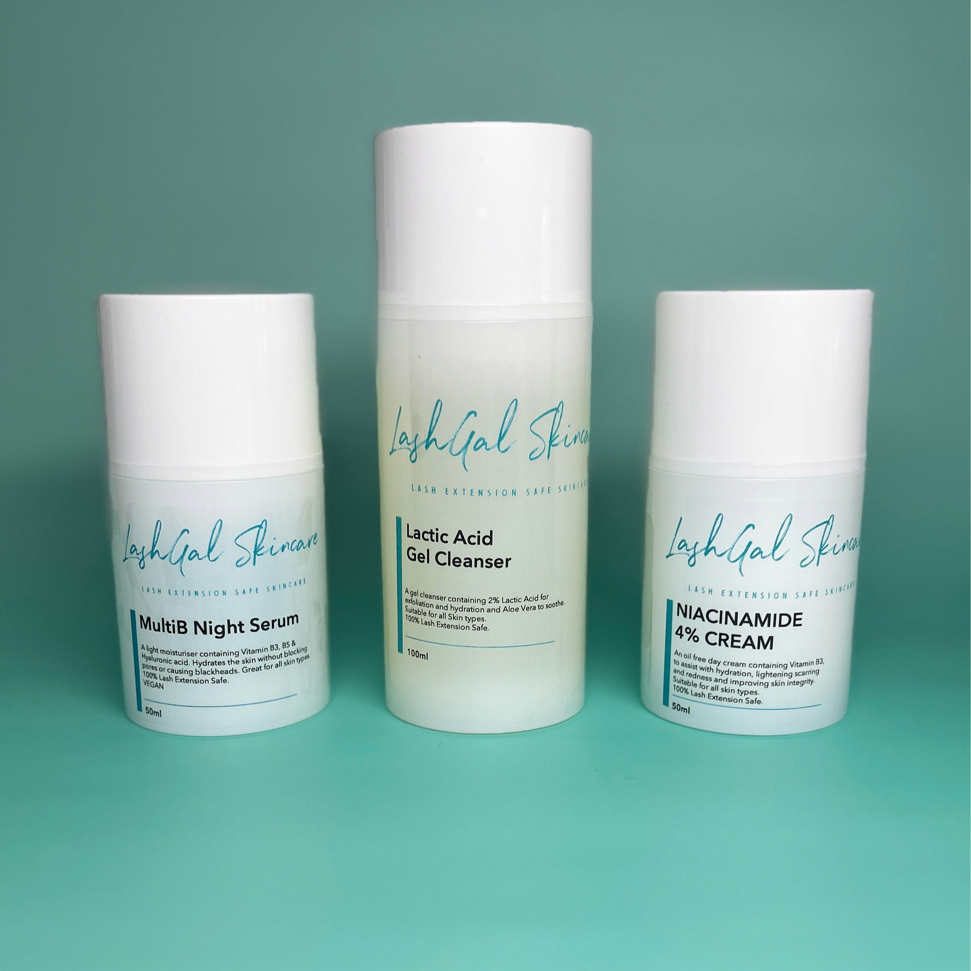 Three skincare products from Lashgal Skincare on a teal background
