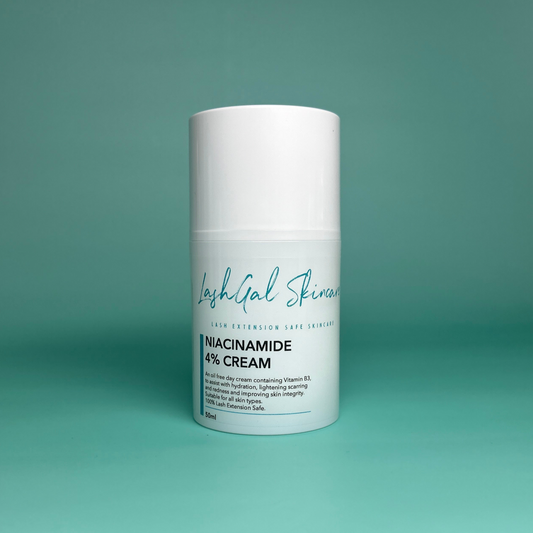 LashGal Skincare Niacinamide 4% Cream container on a teal background
