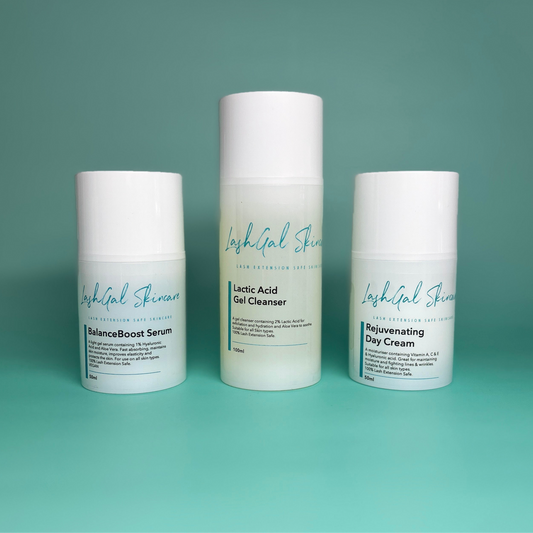 Three skincare products from Lashgal Skincare on a teal background