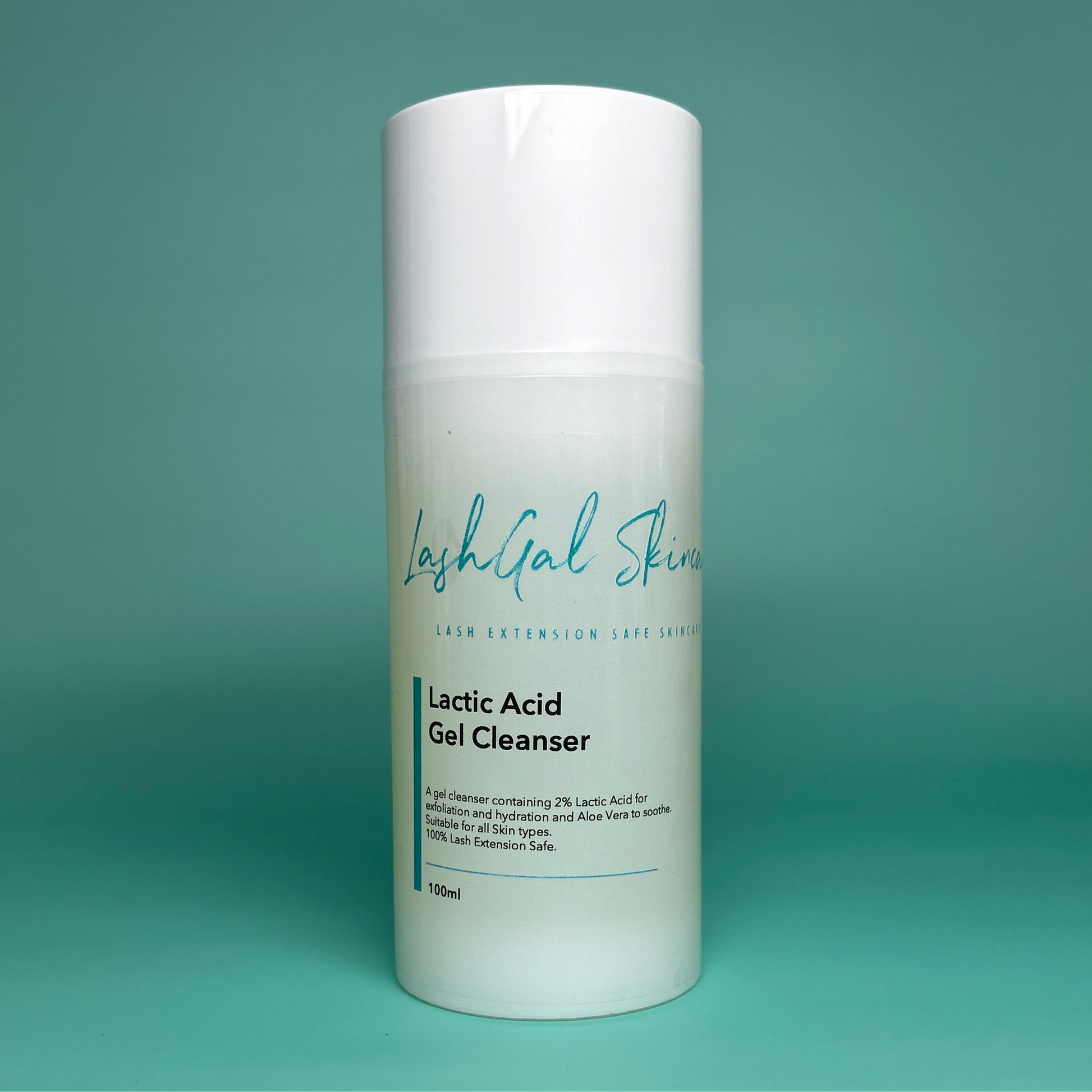 Lactic Acid Gel Cleanser bottle with 'LashGal Skincare' branding on a teal background