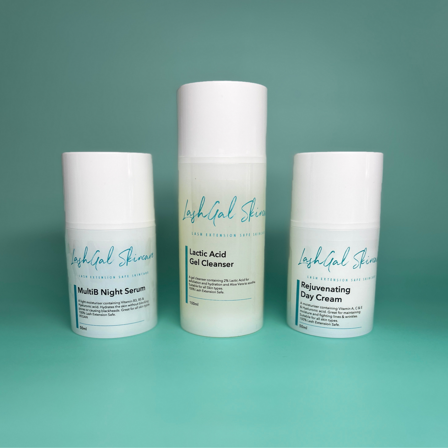 Three skincare products from LashGal Skincare on a teal background