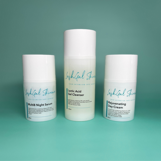Three skincare products from LashGal Skincare on a teal background