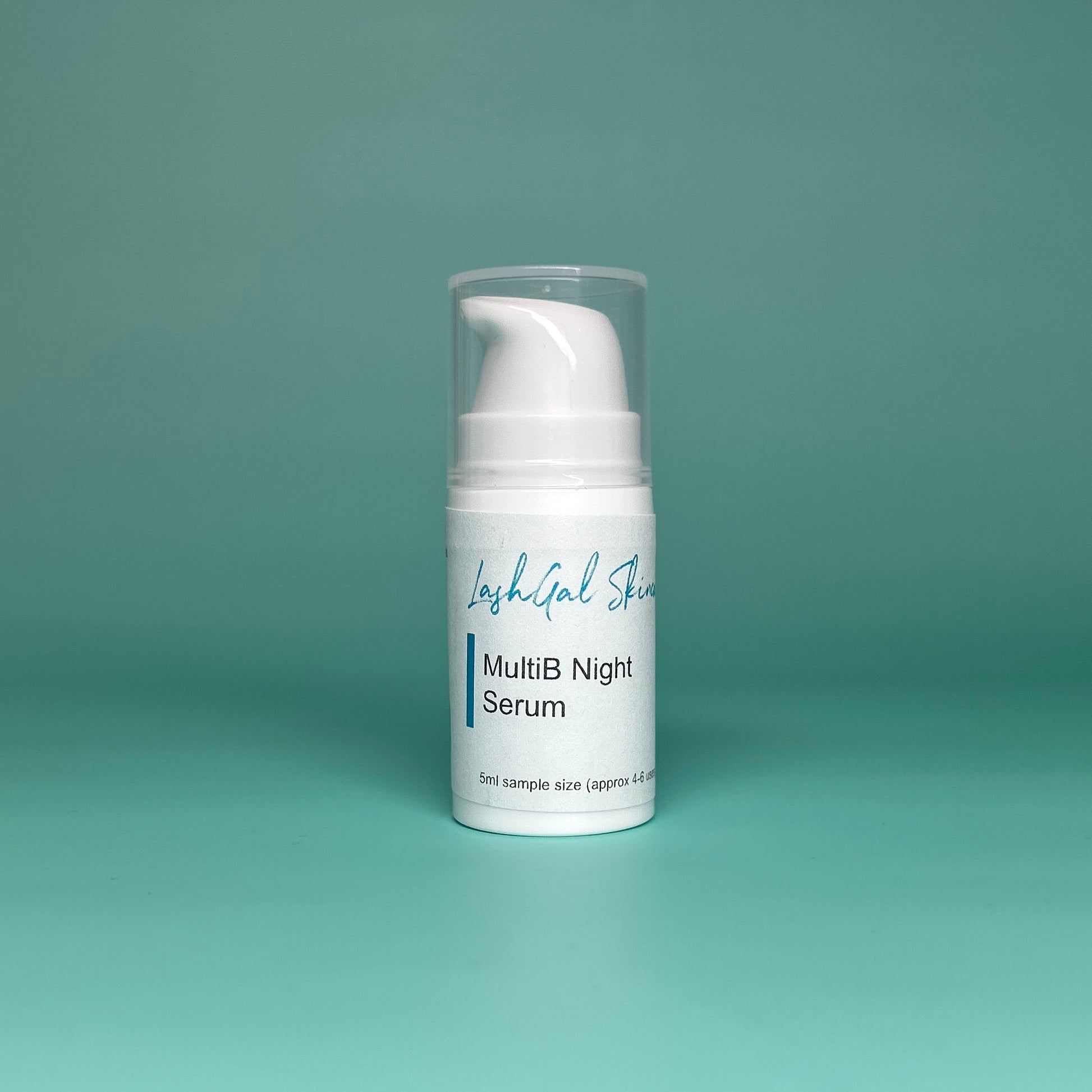 sample size White serum bottle labeled 'MultiB Night Serum' on a teal background